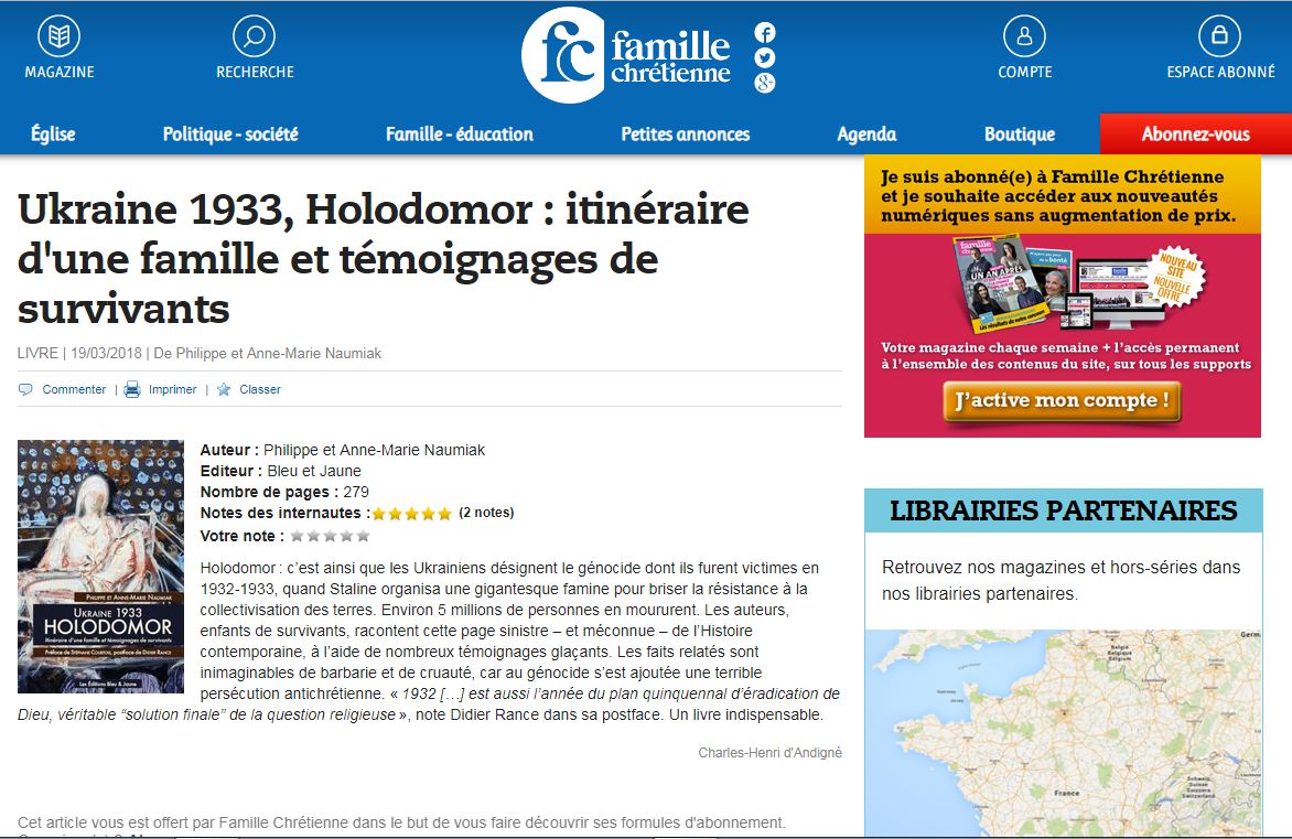 You are currently viewing Recension du livre « Ukraine 1933, Holodomor : Itinéraire d’une famille et témoignages de survivants » (par Charles-Henri d’Andigné, famille chrétienne)